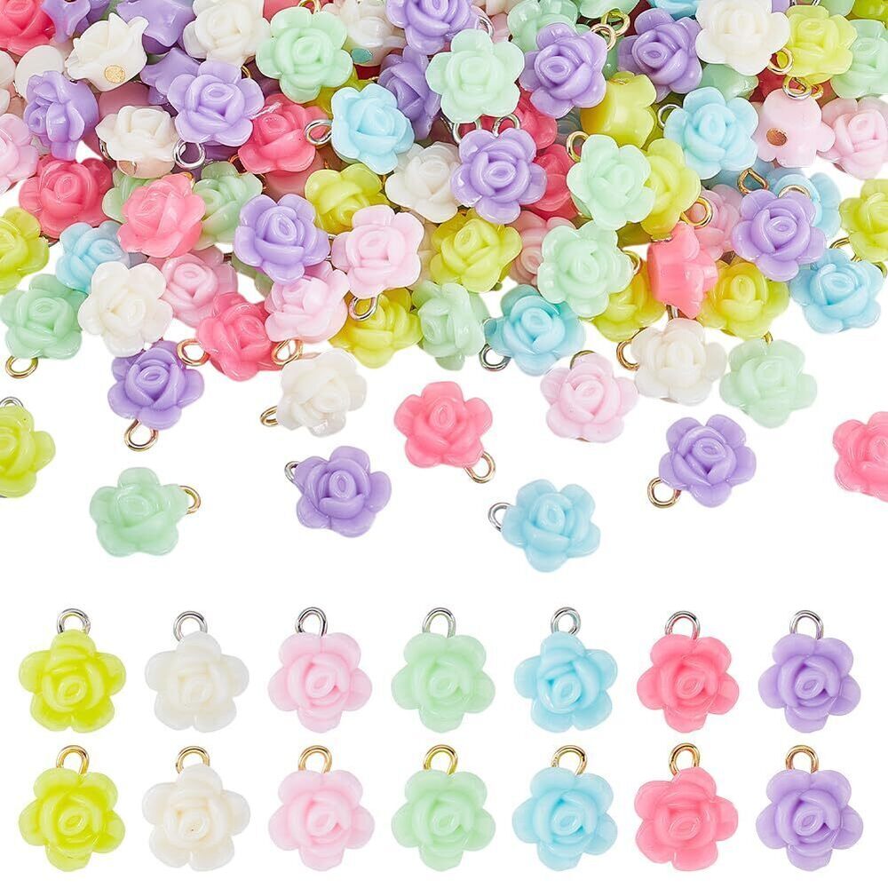 1667 200pcs Colorful Rose Charms Acrylic Flower Pendants, 15x12mm Floral